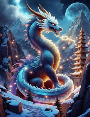 Primary subject: A large blue dragon with a white mane and horns, standing in a snowy mountainous area.

Setting/background: The dragon is surrounded by snow-covered mountains, creating a wintry atmosphere.

Visual style: The image is a digital art piece, featuring a detailed and intricate dragon design.

Colors and mood: The dominant colors are blue and white, with the snowy mountains adding a touch of coldness to the scene. The overall mood is one